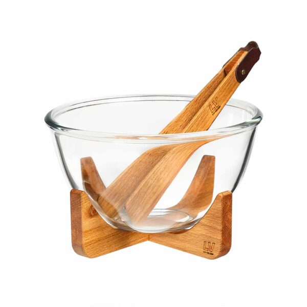 کاسه سرو سالاد با پایه و انبر چوبی